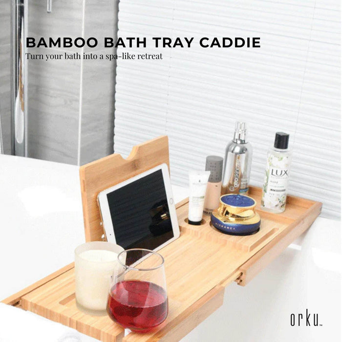 Luxury Adjustable Bamboo Bath Tray Caddy - Spa Book Wine & Accessories Holder-1