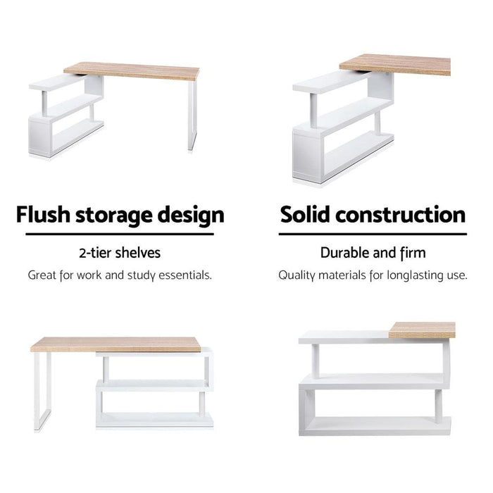 White Oak Rotary Corner Desk with Bookshelf-4