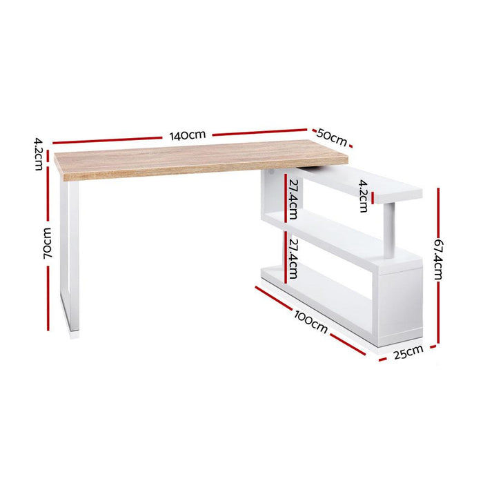 White Oak Rotary Corner Desk with Bookshelf-2