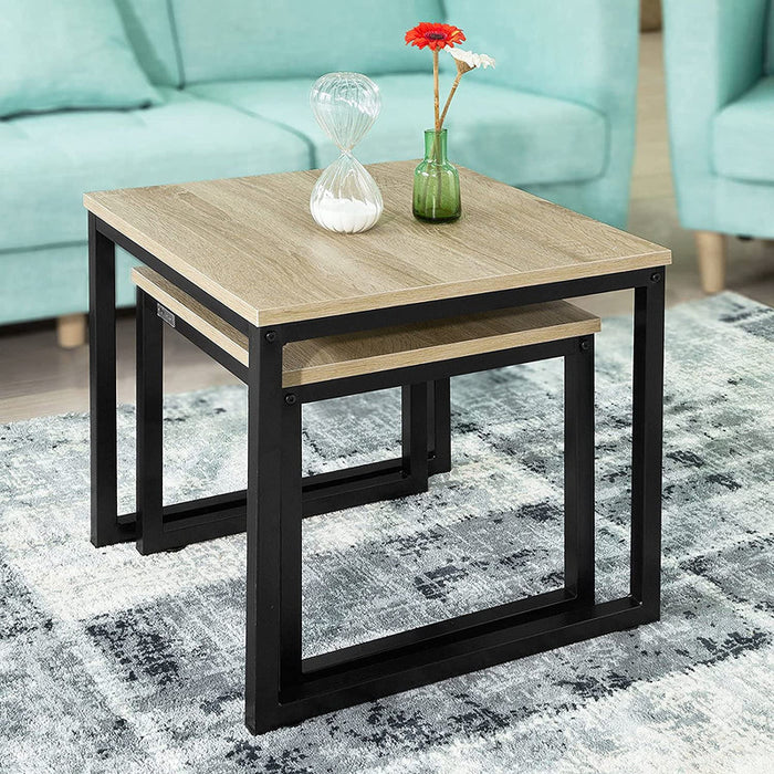 Set of 2 Modern Coffee Tables with Wood Top and Steel Framework