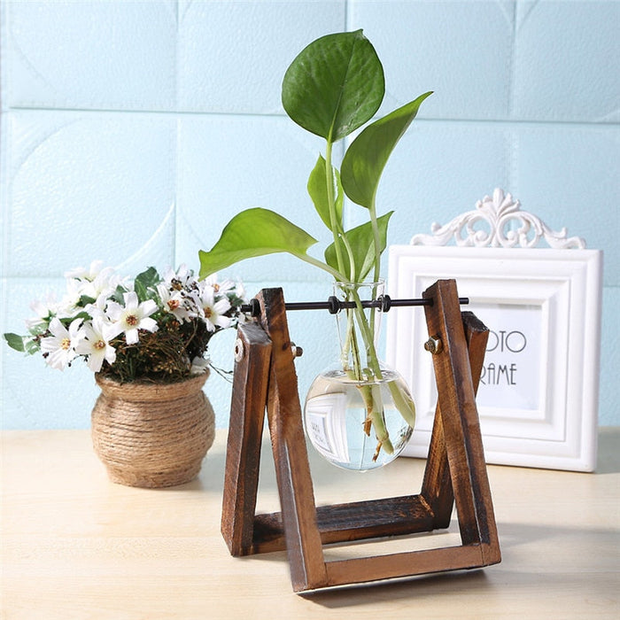 Glass and Wood Table Vase Planter