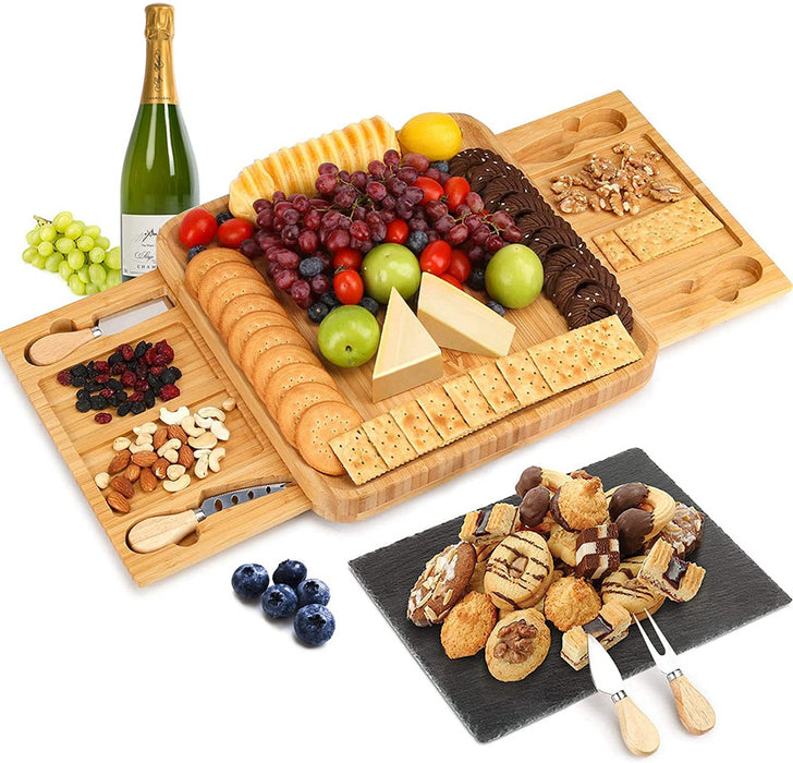 Bamboo Cheese Board and Knife Set with Slate Rock Tray