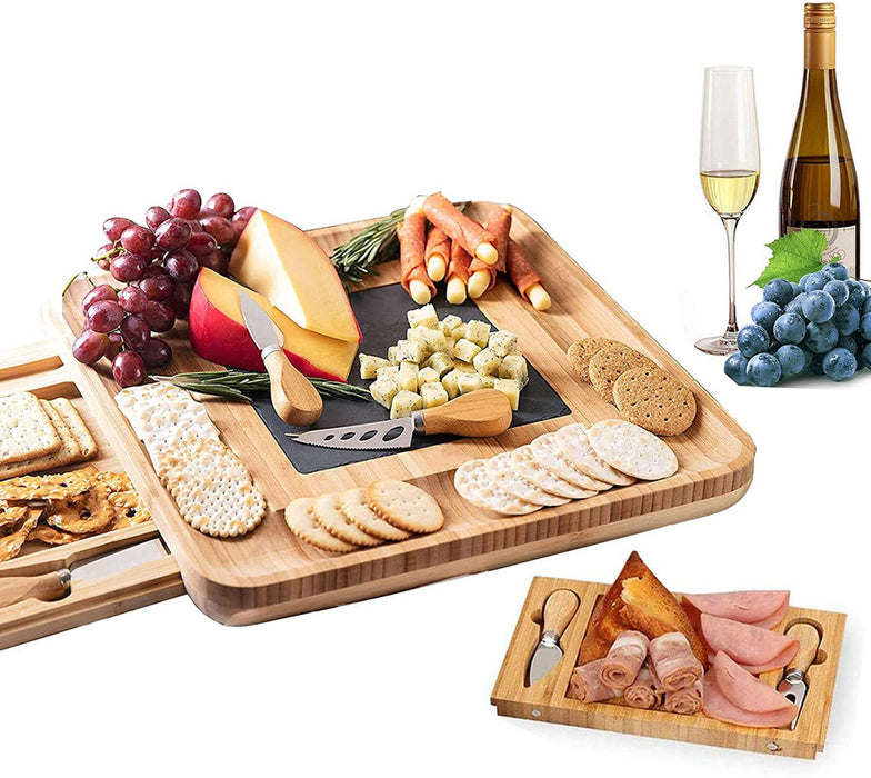 Bamboo Cheese Board and Knife Set with Slate Rock Tray