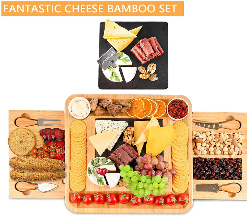 Bamboo Cheese Board and Knife Set with Slate Rock Tray