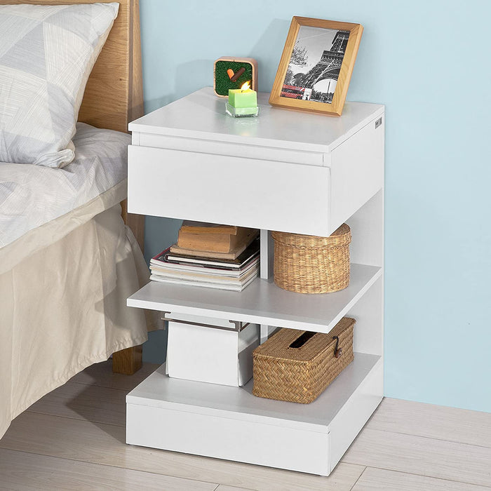 White Side / Bedside Table with 1 Drawer and 3 Shelves