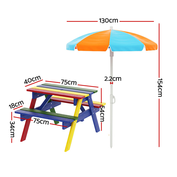 Kids Outdoor Wooden Table Picnic Bench with Umbrella Set