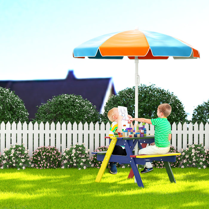 Kids Outdoor Wooden Table Picnic Bench with Umbrella Set