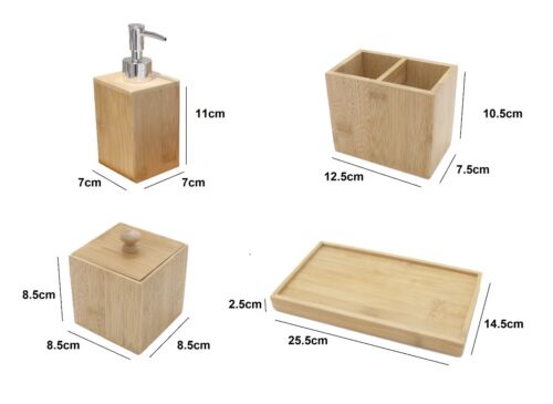 Bamboo Bathroom Accessories Set | Soap Dispenser, Toothbrush Holder, Storage Box & Tray