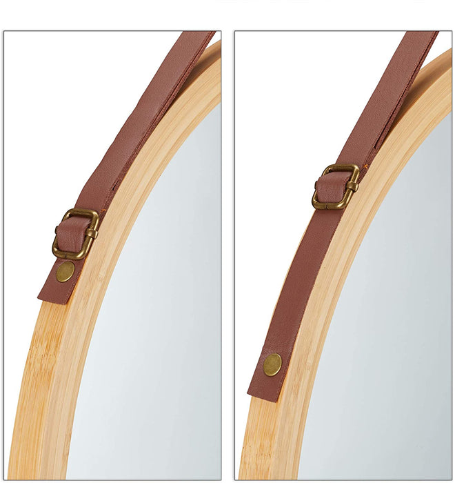 38cm Hanging Round Wall Mirror - Solid Bamboo Frame and Adjustable Leather Strap