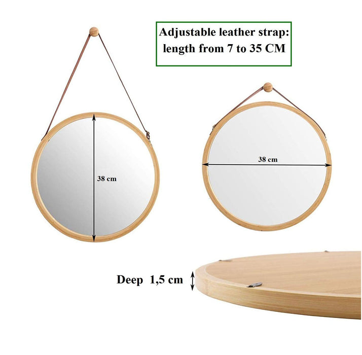 38cm Hanging Round Wall Mirror - Solid Bamboo Frame and Adjustable Leather Strap