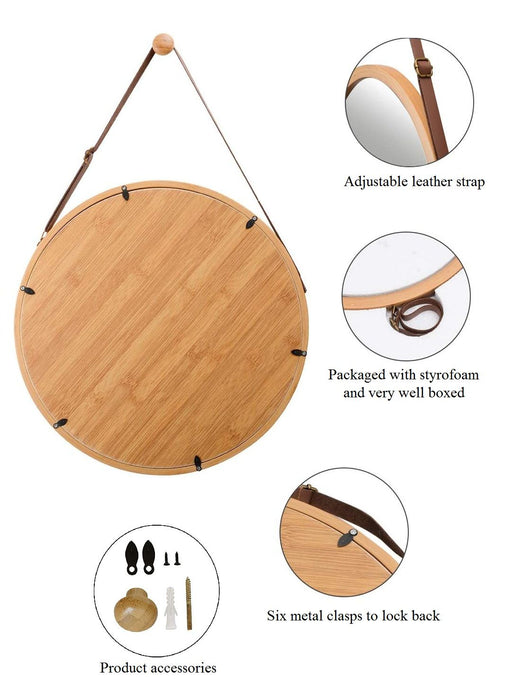 38cm Hanging Round Wall Mirror - Solid Bamboo Frame and Adjustable Leather Strap