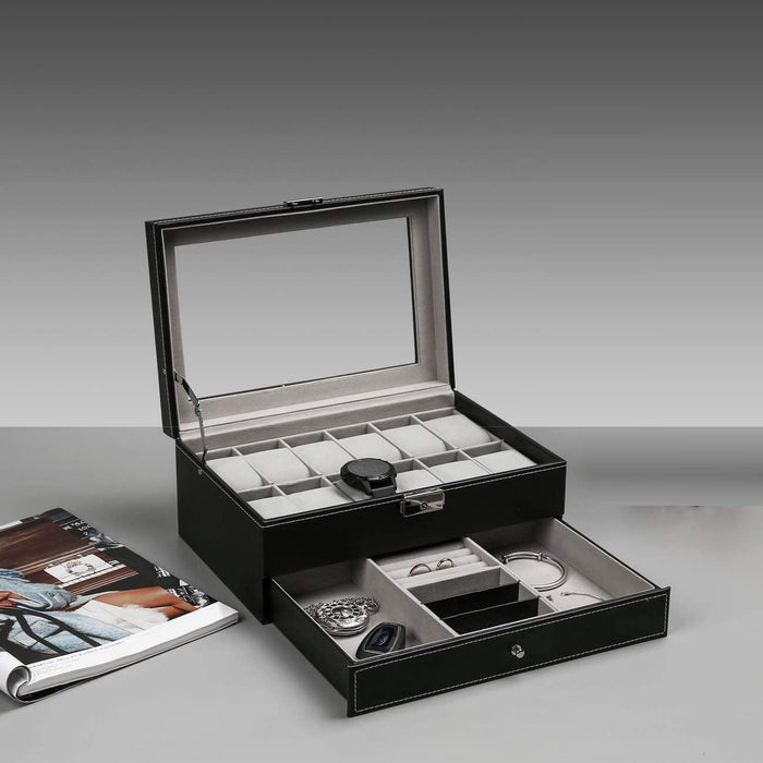 12 Slot PU Leather Lockable Watch and Jewellery Storage Box (Black)
