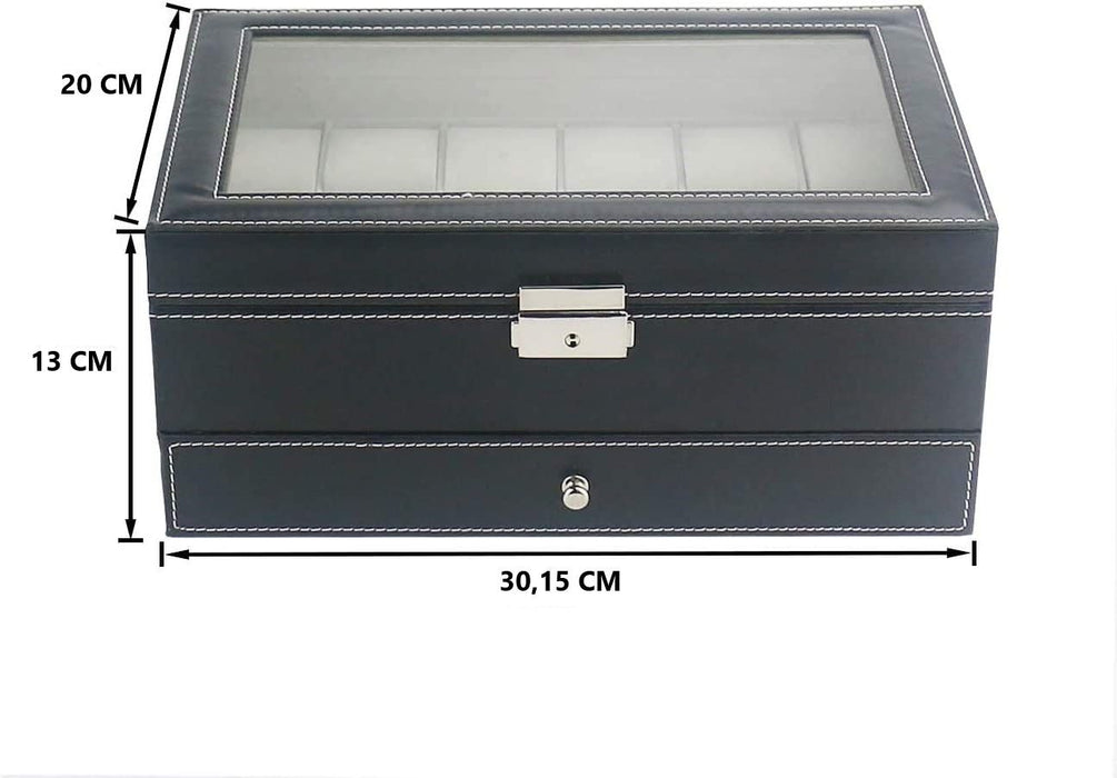 12 Slot PU Leather Lockable Watch and Jewellery Storage Box (Black)