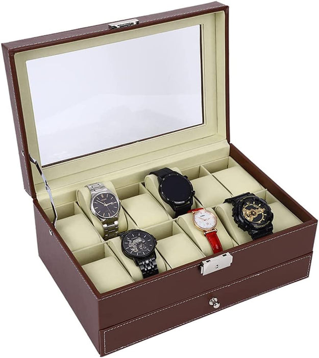 12 Slot PU Leather Lockable Watch and Jewellery Storage Box (Brown)