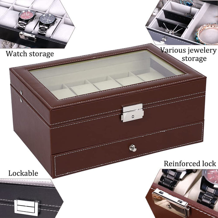 12 Slot PU Leather Lockable Watch and Jewellery Storage Box (Brown)