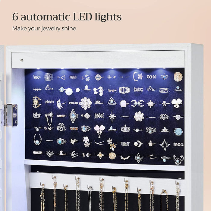6 LEDs Jewellery Cabinet Armoire with Mirror & 2 Drawers - White