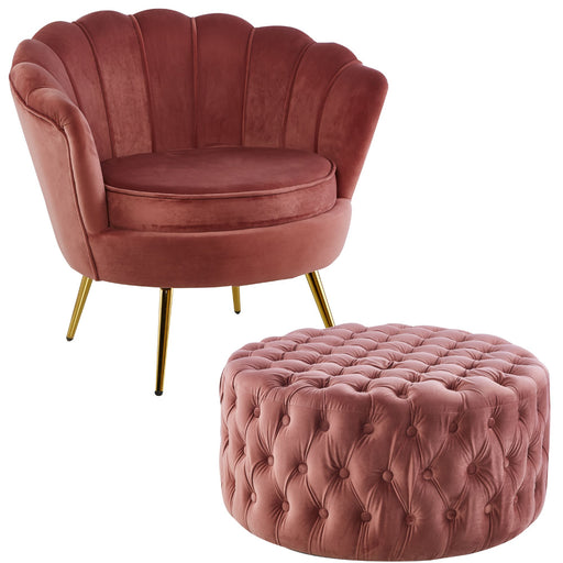 Bloomer Velvet Fabric Accent Sofa Love Chair Round Ottoman Set - Rose Pink