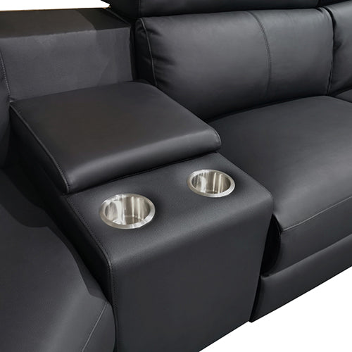 6 Seater Real Black Leather Lounge Set with Adjustable Headrest