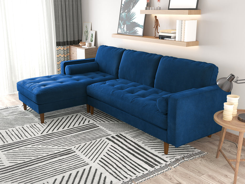 Velvet Upholstery 2 Seater Tufted Sofa in Blue with Chaise