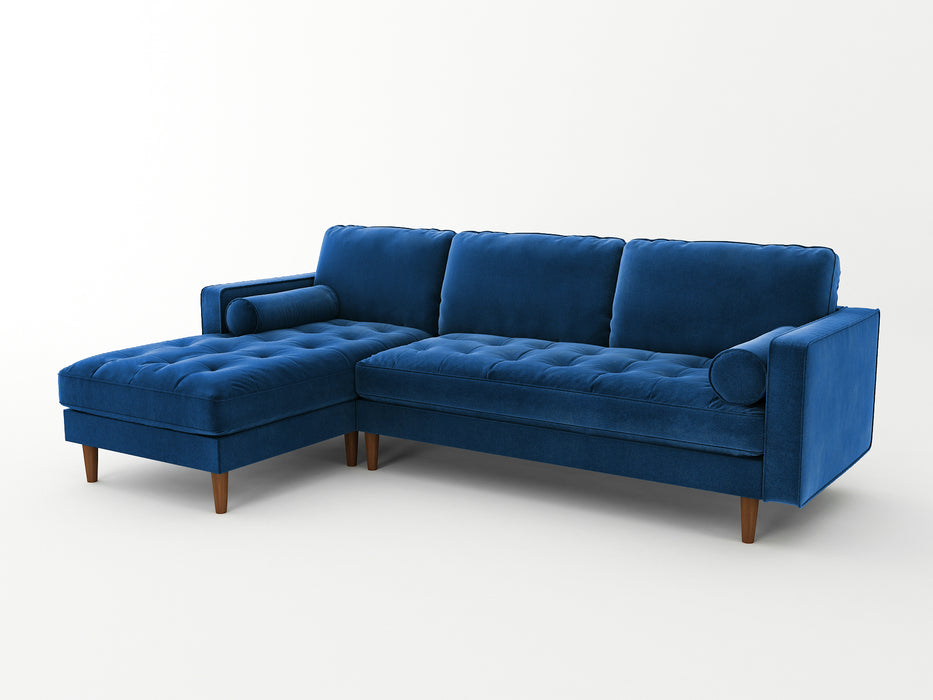 Velvet Upholstery 2 Seater Tufted Sofa in Blue with Chaise