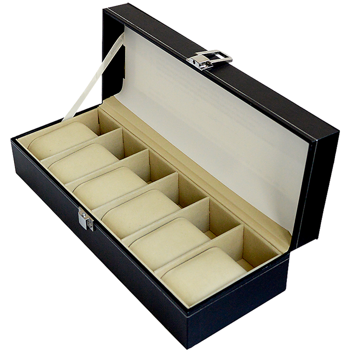 6 Slot Watch Display Case Box Black PU Leather