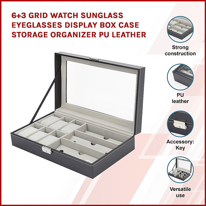 6+3 Grid Watch & Sunglass Display Case PU Leather