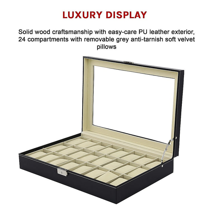 Watch Box - 24 Slot Luxury Display Case With Framed Glass Lid