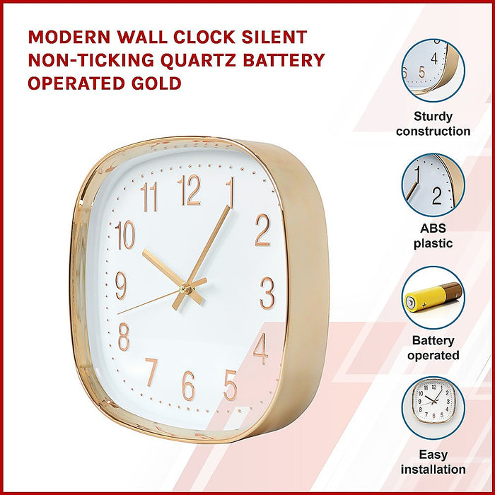 Modern Square Silent Non-Ticking Wall Clock - Gold