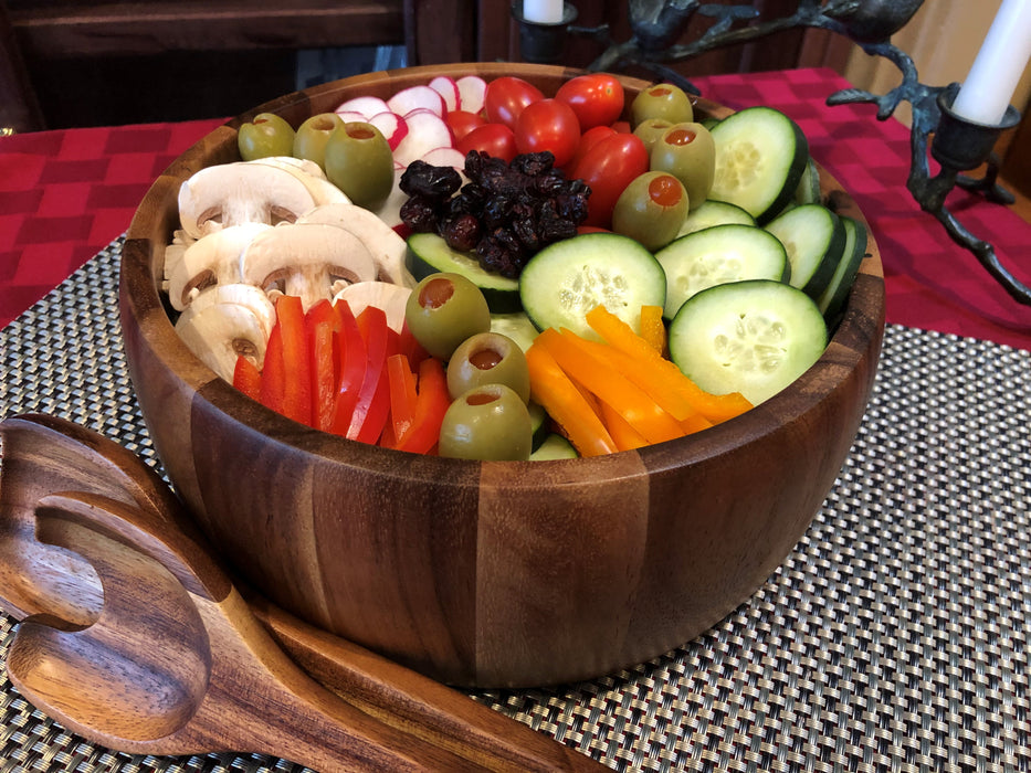 Large Wooden Salad Bowl with Servers