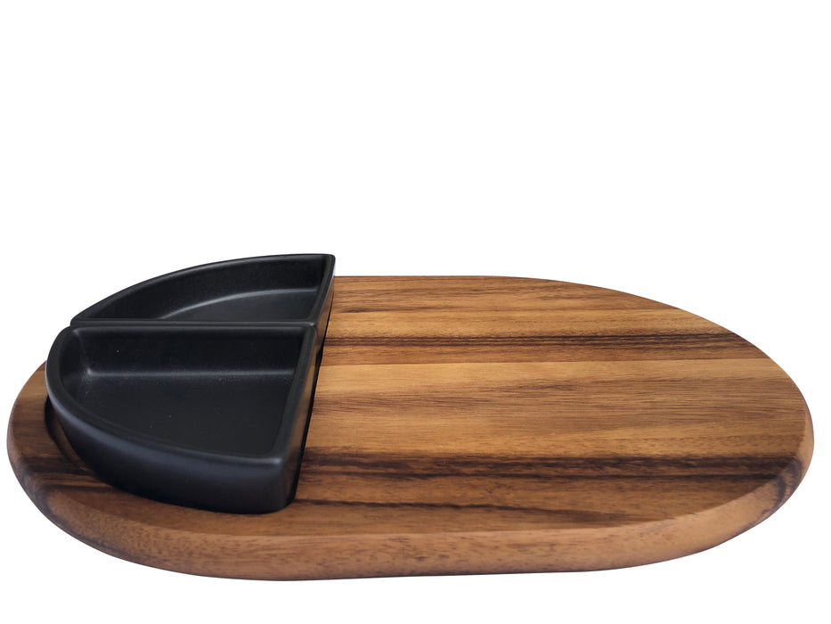 Charcuterie/Serving Tray with 2 black triangular ceramic bowls