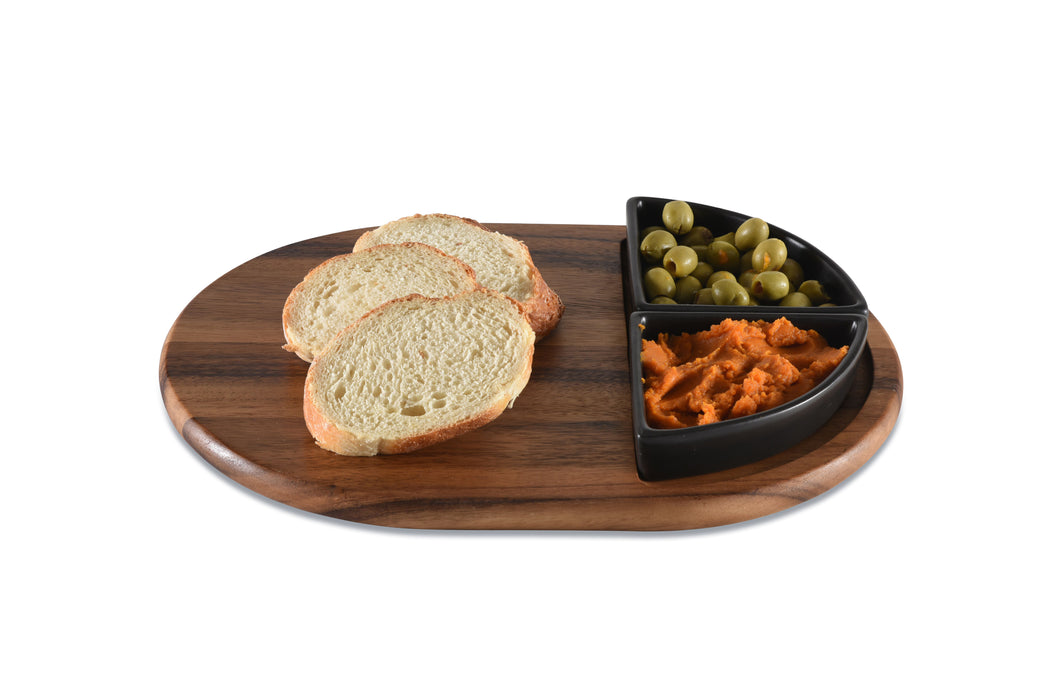 Charcuterie/Serving Tray with 2 black triangular ceramic bowls