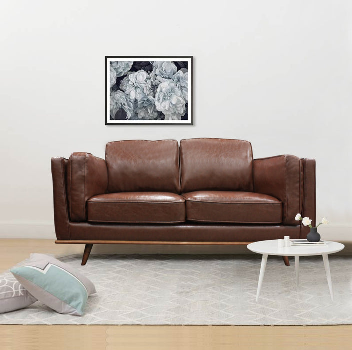 2 Seater Faux Leather Sofa Brown with Wooden Frame